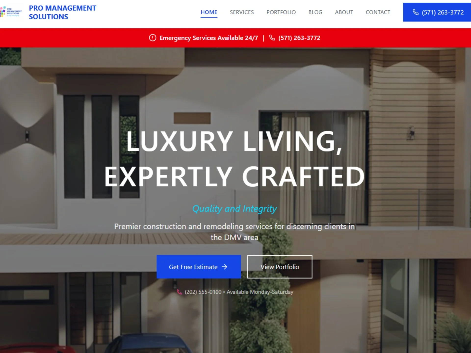 Pro Management Solutions homepage — luxury construction firm DMV