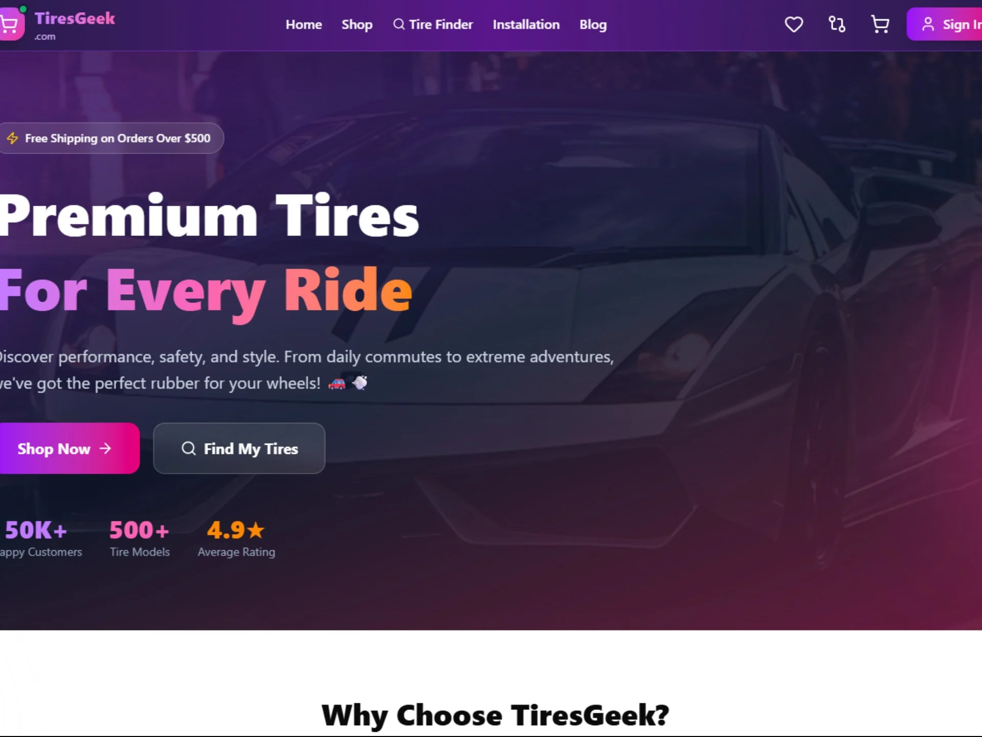 TiresGeek homepage — premium tire marketplace